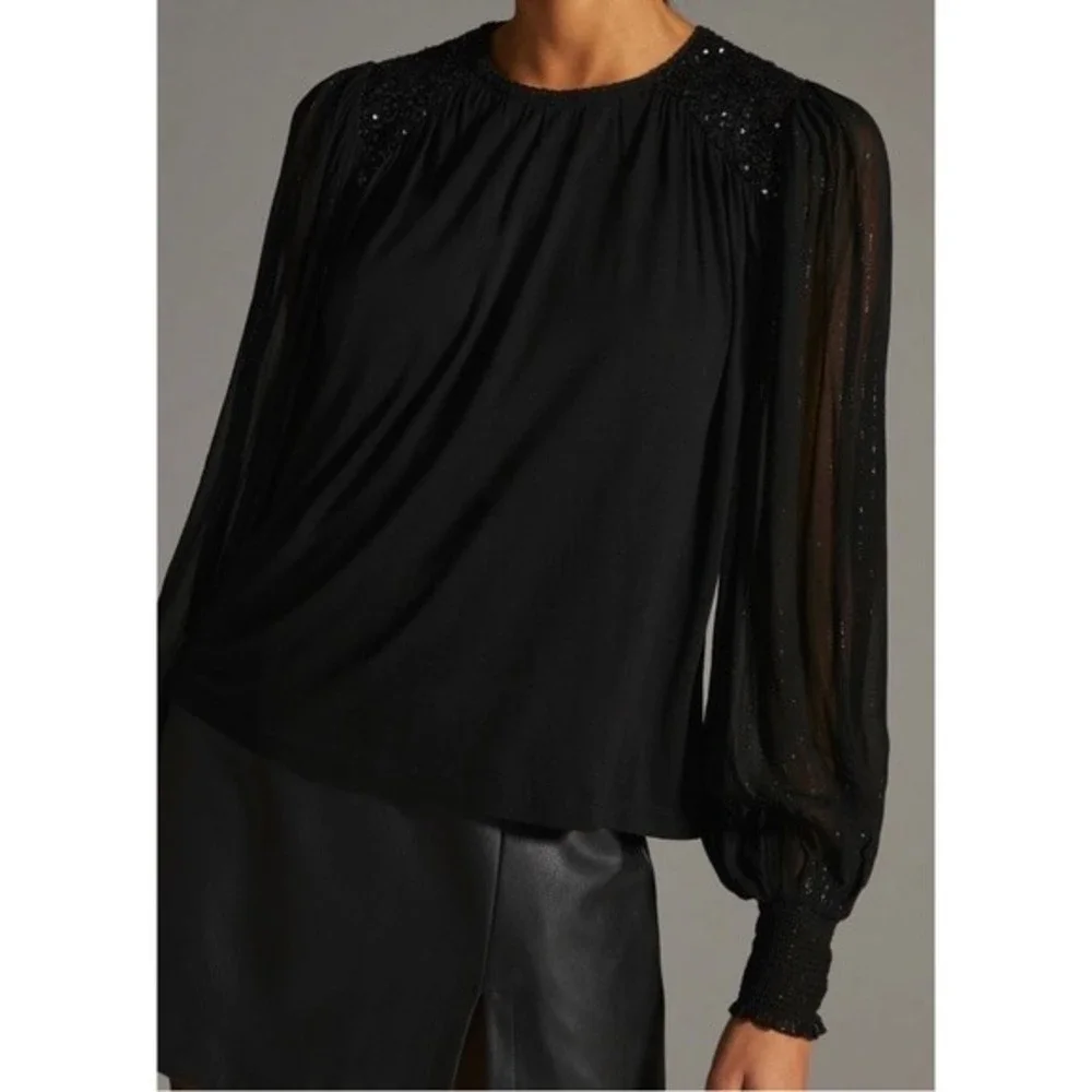 Anthropologie Bl-nk Sequin Embellished Blouse Size XS Black Bohemian NWT - Picture 1 of 14
